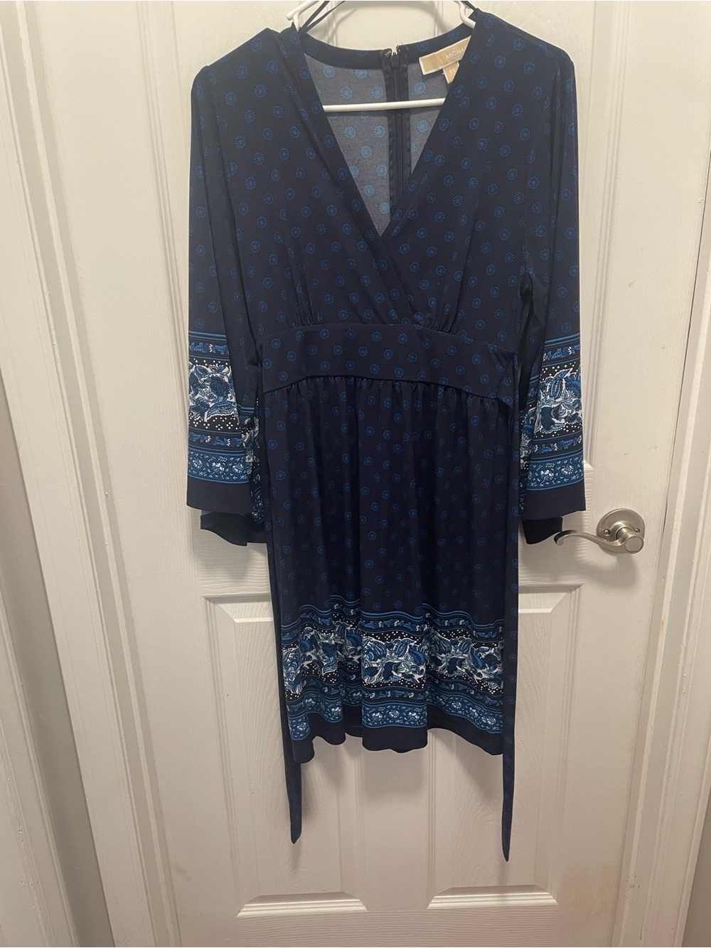 Michael Kors Navy Blue Printed Long Sleeve V-Neck Dress